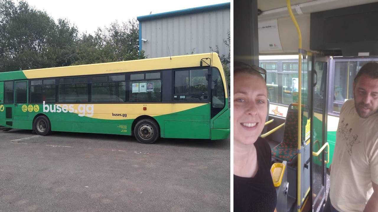 A green and yellow bus with the web address buses.gg on the side. A man and a woman stand in the doorway.