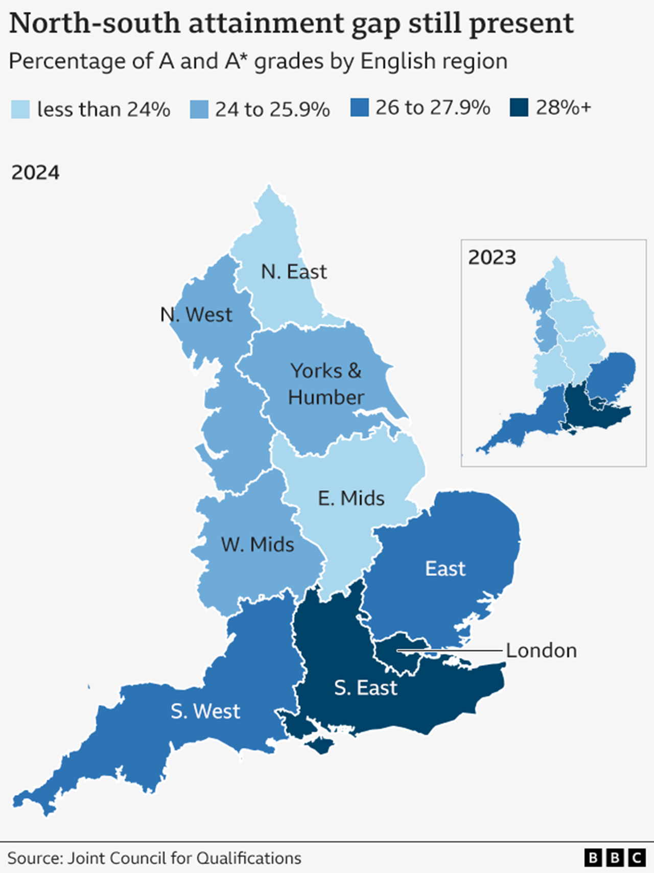 A map of England showing the percentage of top grades in different regions this year, compared to 2023.