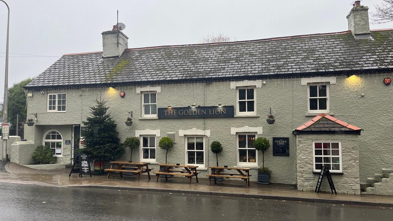 Llun o dafarn The Golden Lion. Mae'n adeilad gwyrdd gyda tho llechi. Mae yna arwydd mawr sy'n dweud yr enw The Golden Lion yng nghanol y wal. Mae yna goeden Nadolig i'r chwith wrth ymyl y drws. I'r dde o hynny mae yna bedair coeden lai mewn maint a tri bwrdd.