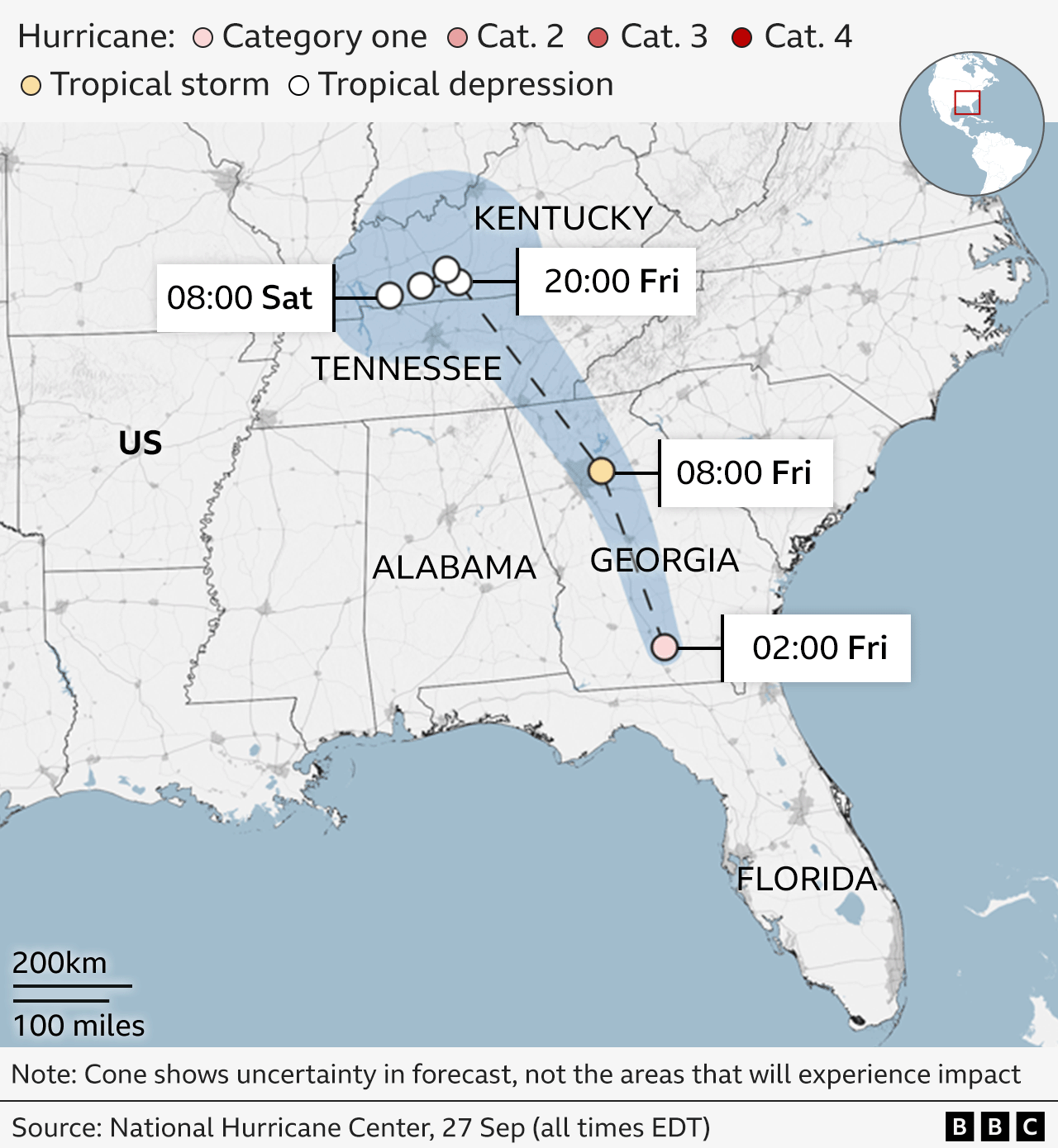 Path of the storm through the southern US, from Thursday, through Georgia in the early hours of Friday, and north to Tennessee by Friday afternoon. The graphic shows the category changing from a category one hurricane to a tropical depression by the time it reaches Kentucky 