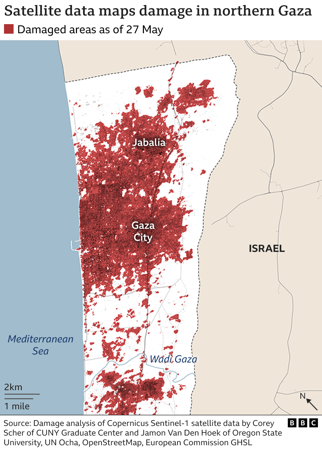 Map showing extent of damage in northern Gaza since October 2023