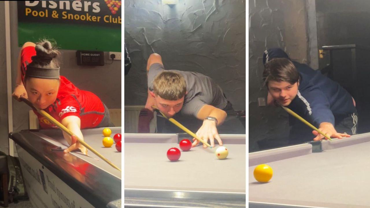 One female and two male pool players taking their respective shots on the pool table.