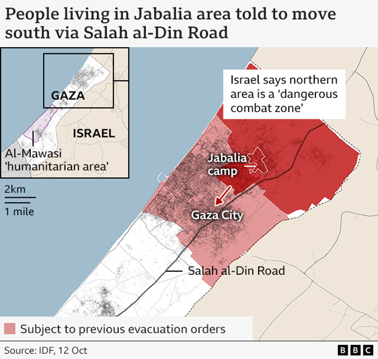 Map showing evacuation orders covering Jabalia and northern Gaza