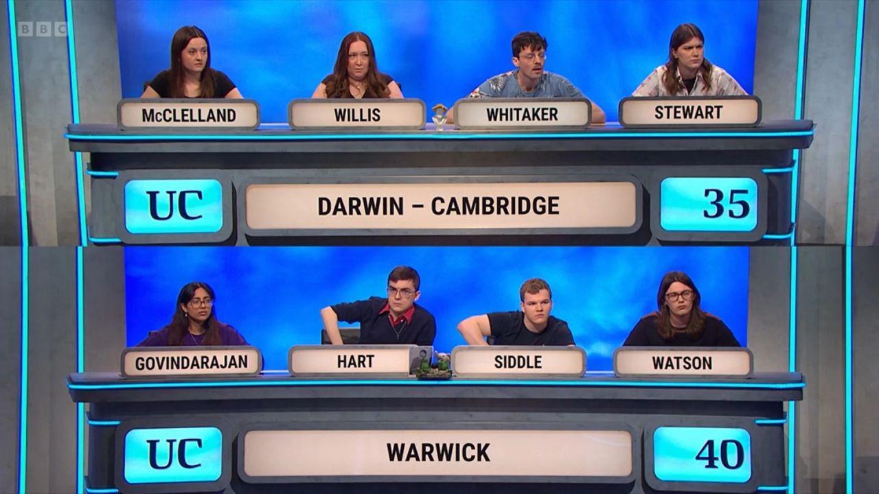A screenshot of University Challenge. On the top half of the screen is the team for Darwin College, Cambridge, and on the bottom half of the screen is the University of Warwick. The score says 35 Darwin and 40 Cambridge.
