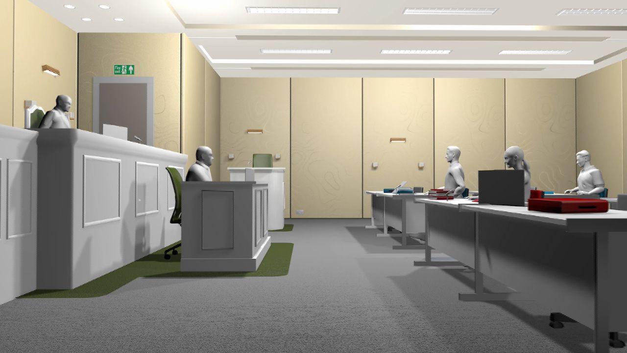 A mock-up of a court room: a side-on view of three sitting white humanoid figures looking fifth and sixth white figures. The mock-up depicts two lawyers and one litigant facing a court clerk and judge. On desks in front of the figures are red, blue, white and grey depictions of books, papers and laptops.