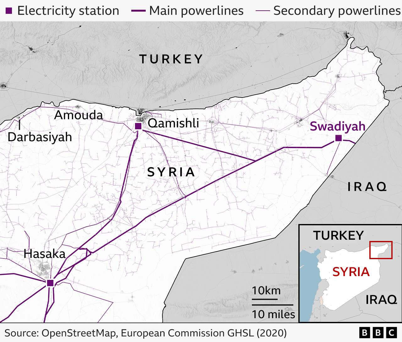 Map of Turkey, Syria and Iraq, showing the AANES