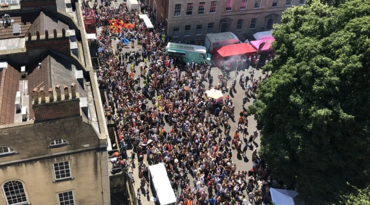 Aerial footage showing large crowds of people gathered at St Pauls Carnival