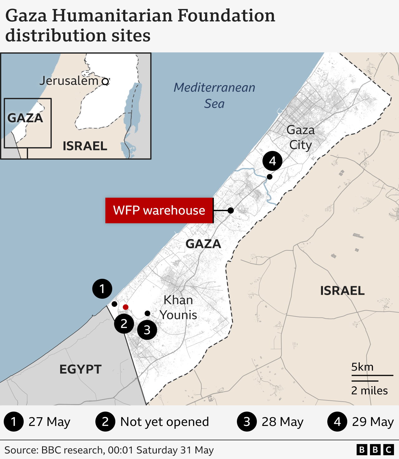 A map showing the locations of the aid sites in Gaza. Three are seen in the south of the strip, with one in central Gaza.