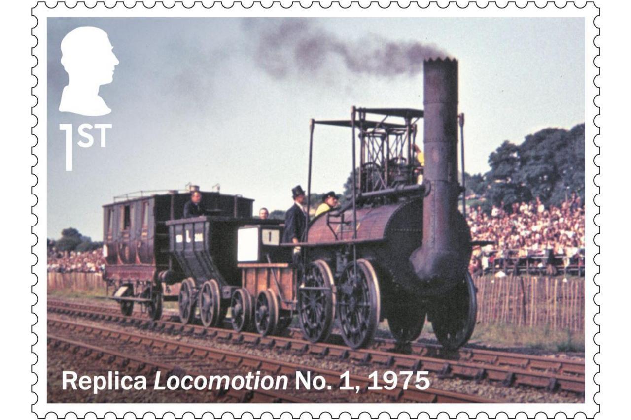 A first class stamp depicts the "Replica Locomotion No. 1, 1975". The locomotive passes crowds lining the tracks and waving at the train. Black smoke is billowing from the engine.