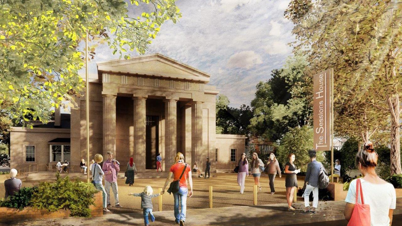 An architect's watercolour-style drawing shows a building with stone columns at the front in a Greek temple style. It's a single story building at the back with a grand entrance featuring four columns. Various families and couples are walking around the area in front of the building which is partly shadowed by two large trees. 