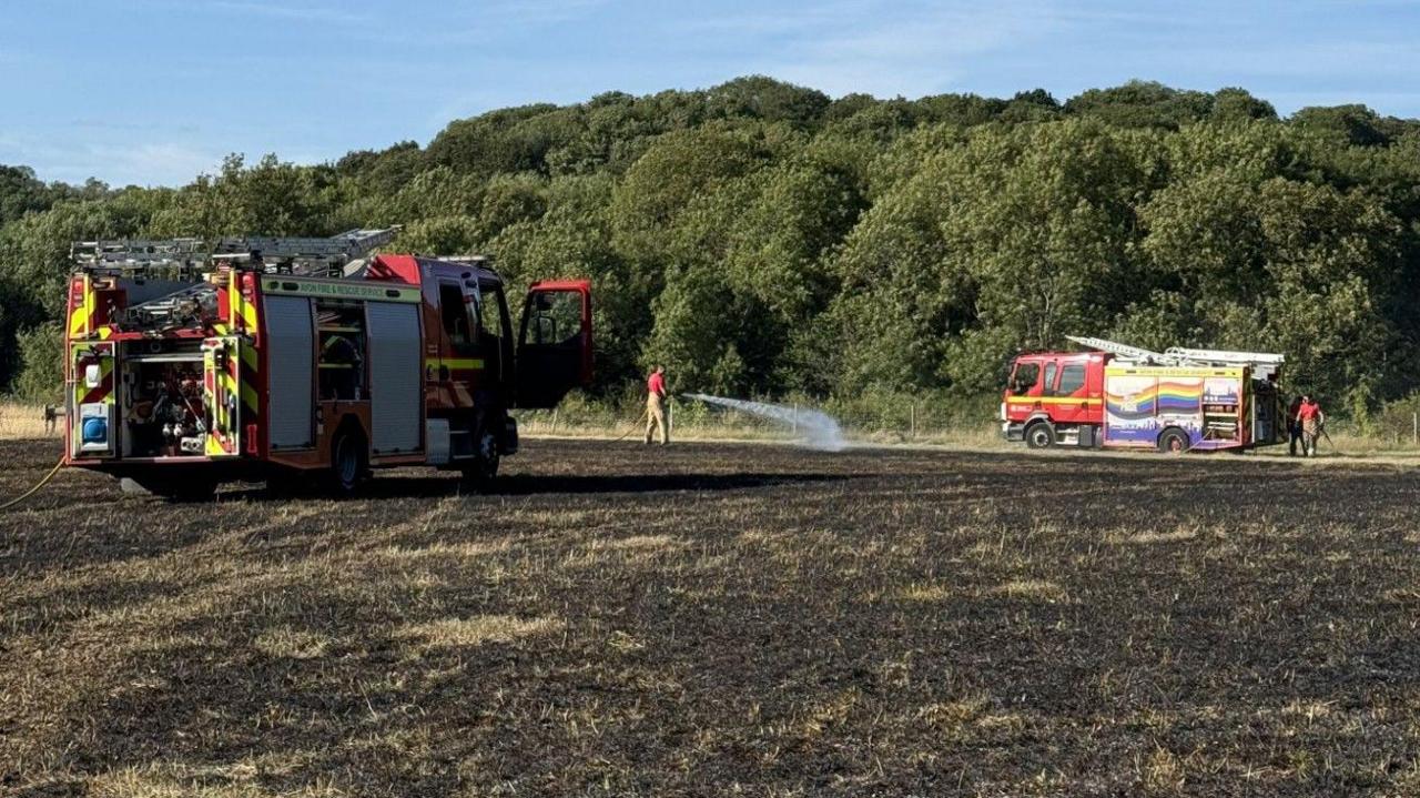 Avon Fire and Rescue Service engines in a scorched field with two firefighters using hoses to extinguish the blaze.