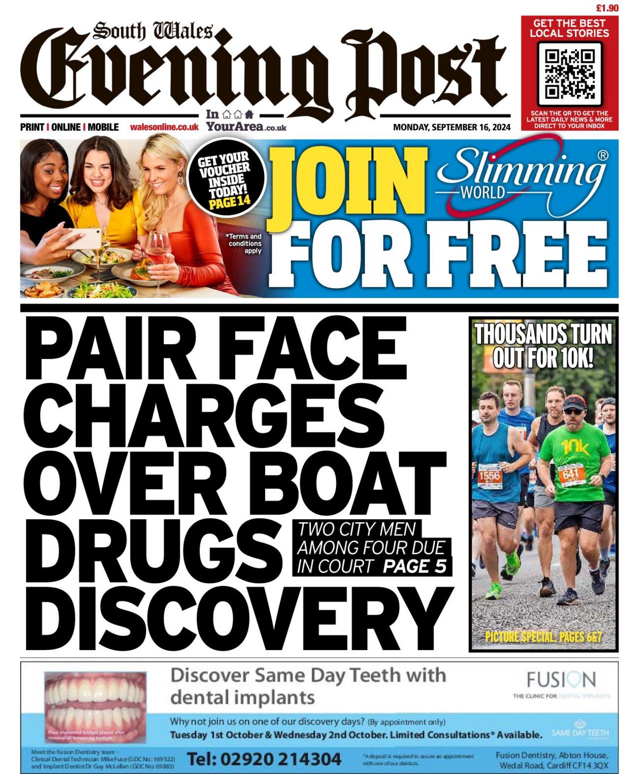 Front page of the South Wales Evening Post 