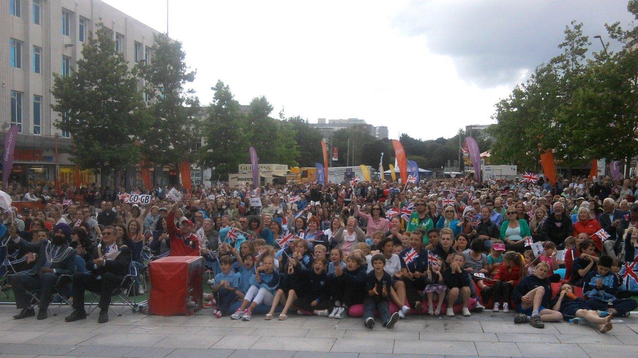 Crowds watching Tom Daley diving at the BBC Big Screen in Plymouth