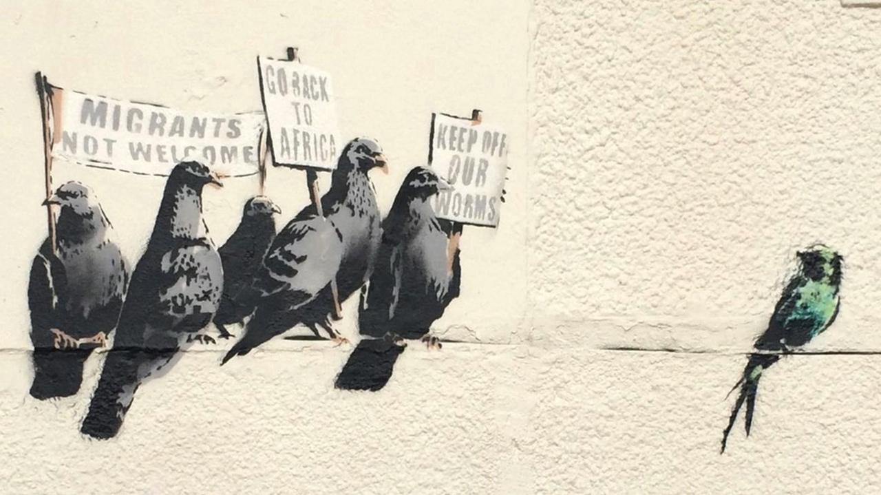 Banksy mural showing pigeons in Clacton