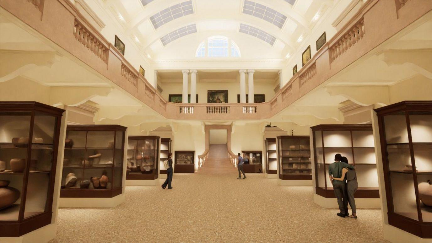 A CGI image of the new Heart of Cornwall Gallery. The impression work shows a large gallery in neutral colours. There are four display cupboards on both the left and right side of the room. A balcony, painted light pink, looks down over the gallery. There are sky lights in the ceiling.