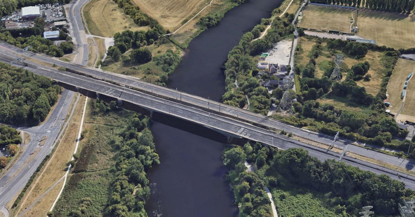 Aerial shot of Clifton Bridge, which takes a dual carriageway over the River Trent