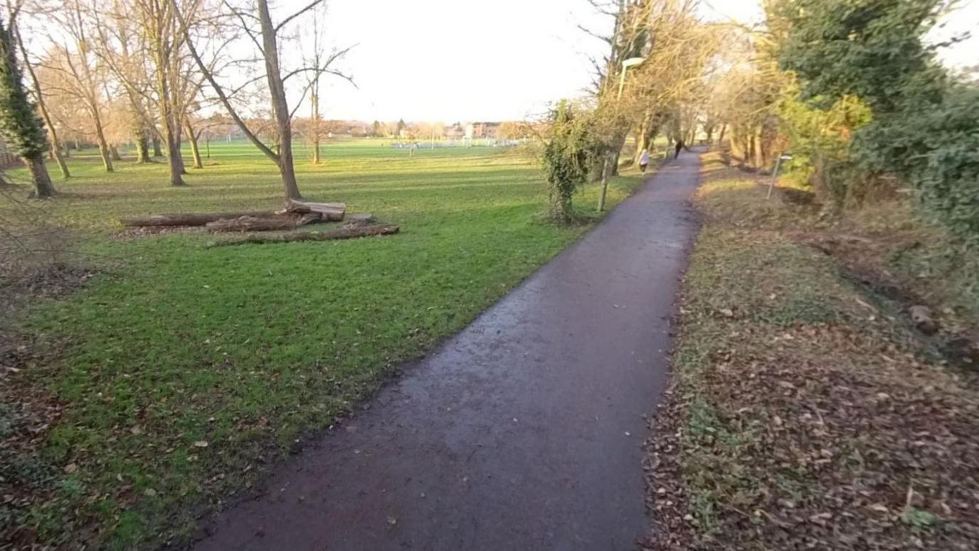 A Google Maps image of Barracks Lane, which is a wide path with a park to the left and a ditch and hedge to the right.