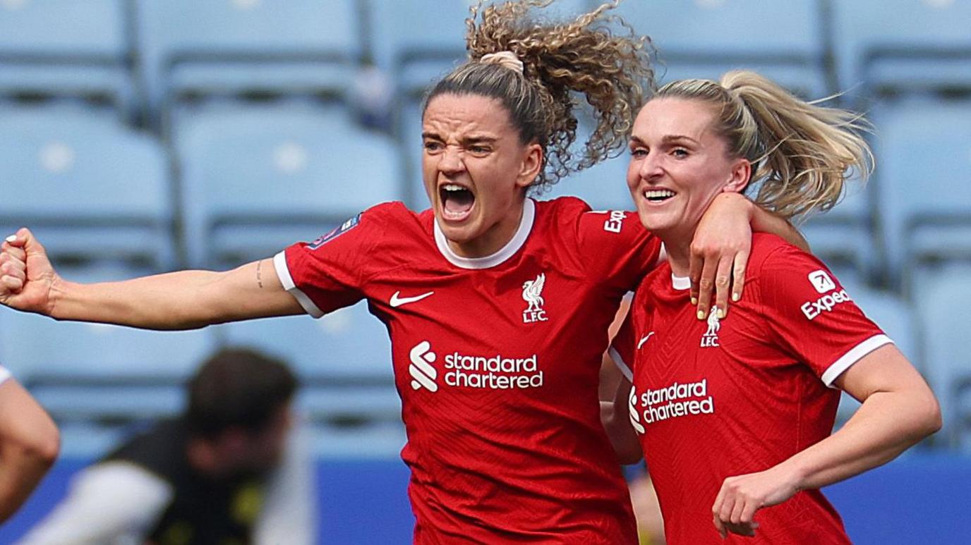 Leanne Kiernan celebrates scoring with Liverpool team-mates