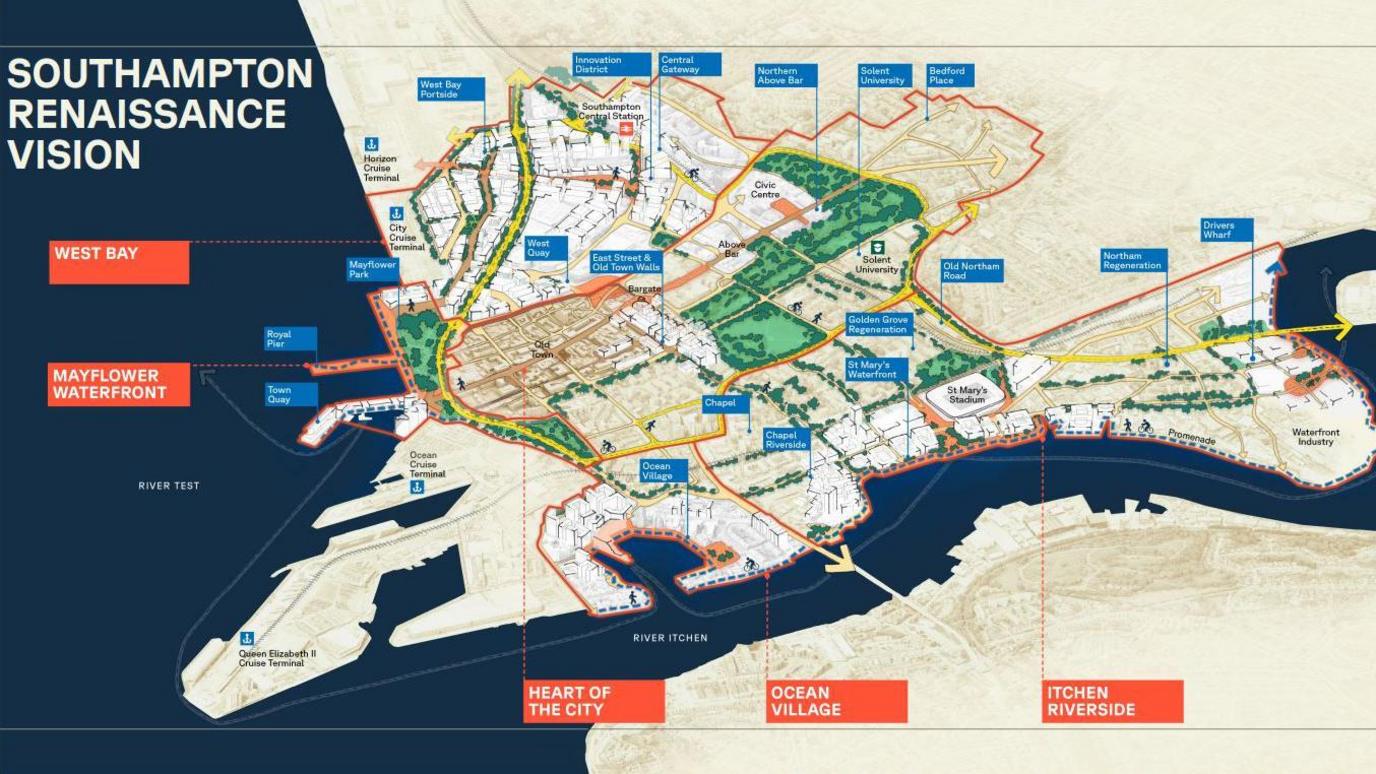 A graphic taken from a promotional material shows Southampton city centre being divided into coloured zones, with different features given labels about what will be built there.