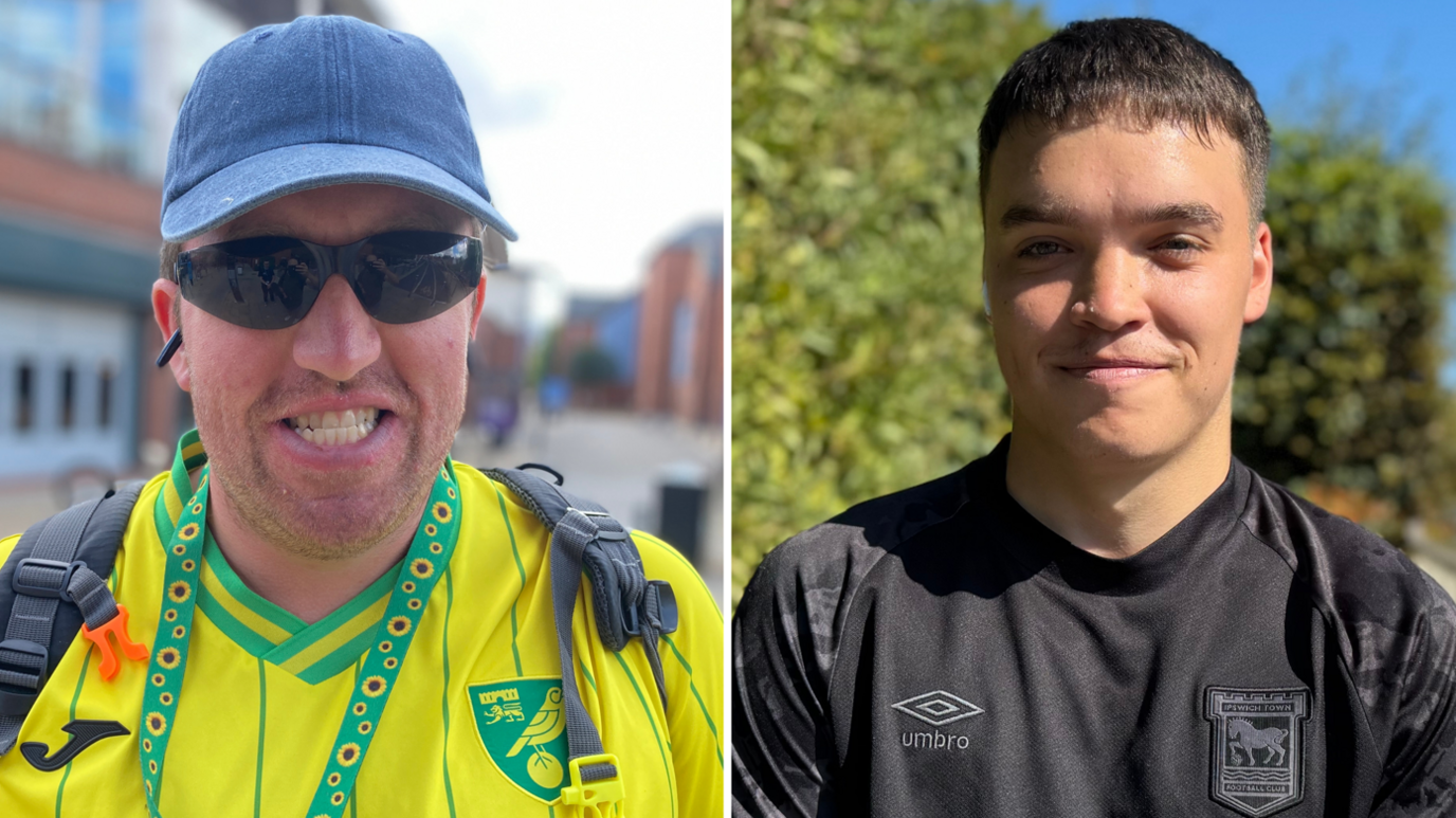A collage image of two footballing fans. The one of the left is wearing a Norwich shirt and the one on the right is wearing an Ipswich shirt. They are both looking directly into the camera.