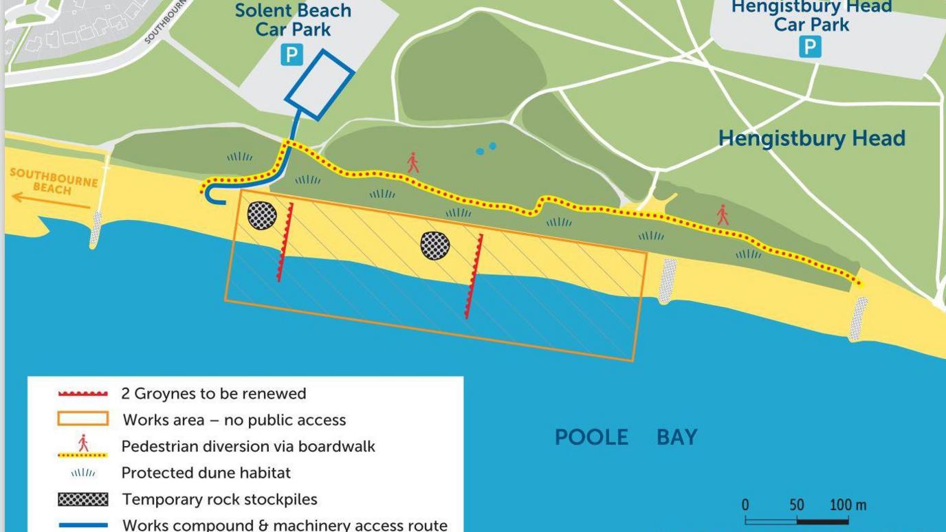 A map showing the diversion route on Hengistbury Head Beach