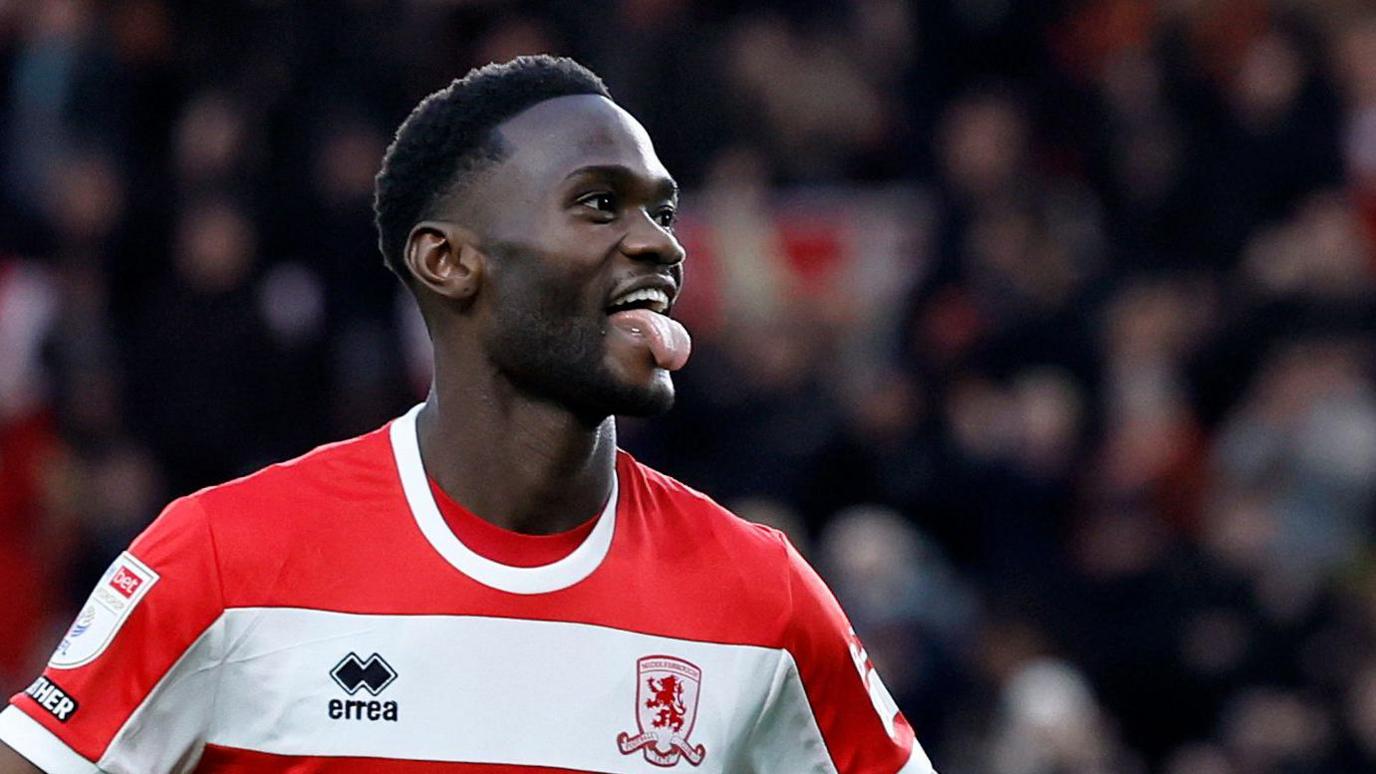 Middlesbrough's Emmanuel Latte Lath celebrates after scoring the opening goal during the Sky Bet Championship match at the Riverside Stadium, Middlesbrough. Picture date: Saturday December 14, 2024.