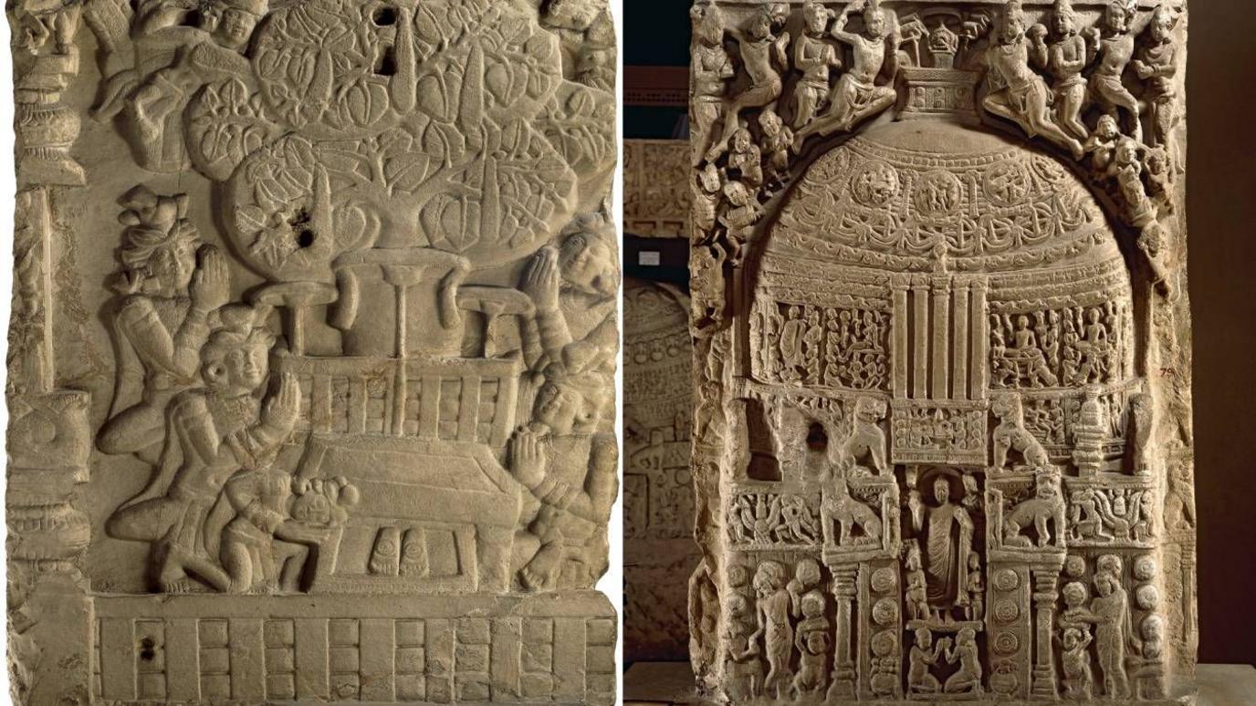 A striking two-sided sandstone panel that shows the evolution of the Buddha's evolution from symbolic to figurative.
