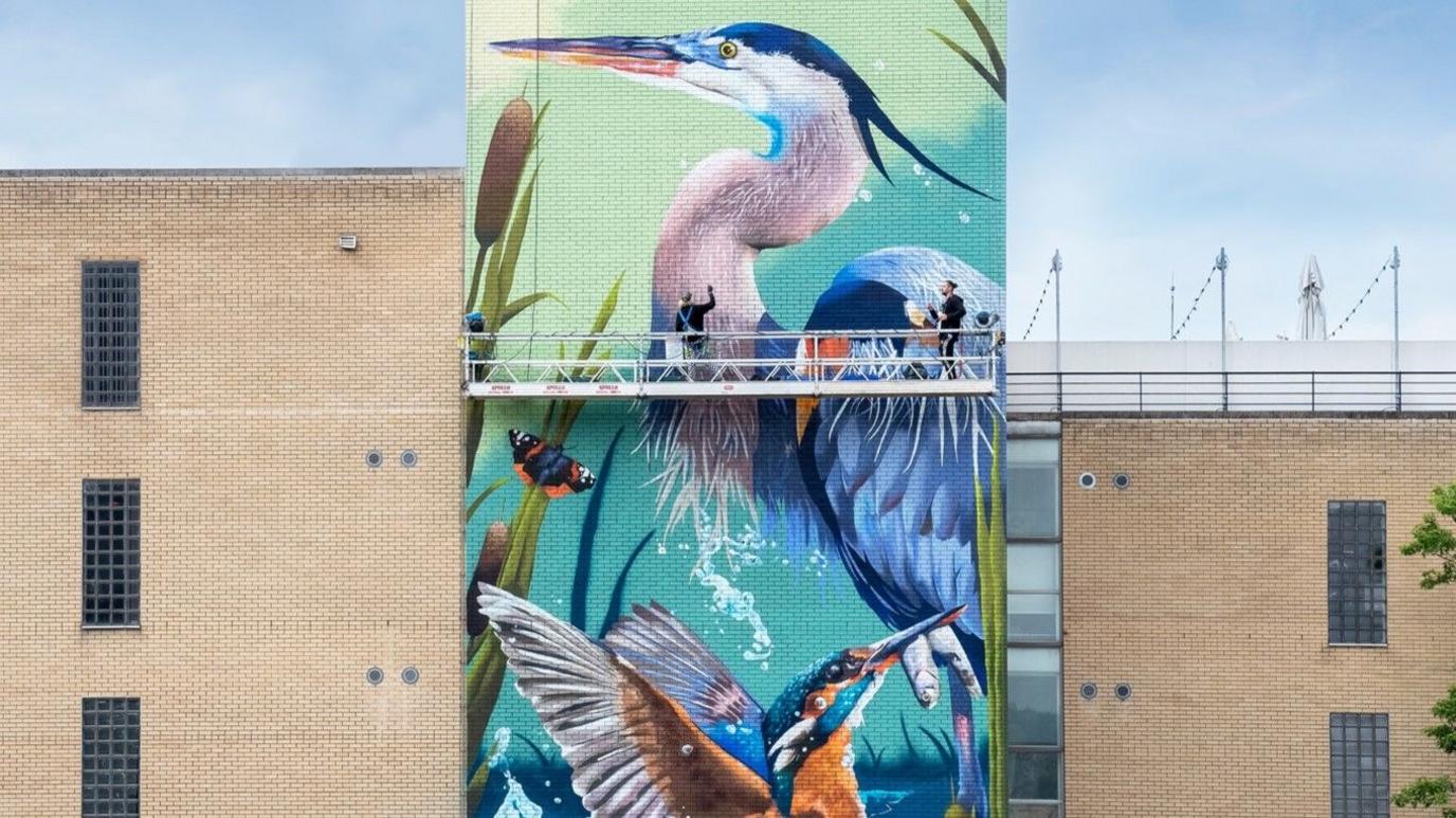 Peachzz and her assistant on a platform, pulled up the side of the building by a crane. They are working on the painting described above, with her holding up a spray paint can. They are about two thirds of the way up the building. Most of the painting is complete, but she is adding texture.