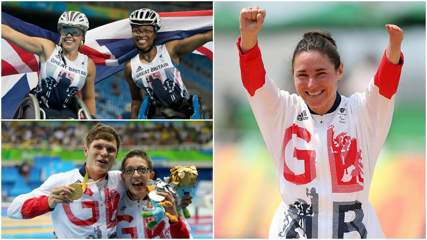 Hannah Cockroft and Kare Adenegan (top left), Aaron Moores and Scott Quin (bottom left) and Dame Sarah Storey (right)