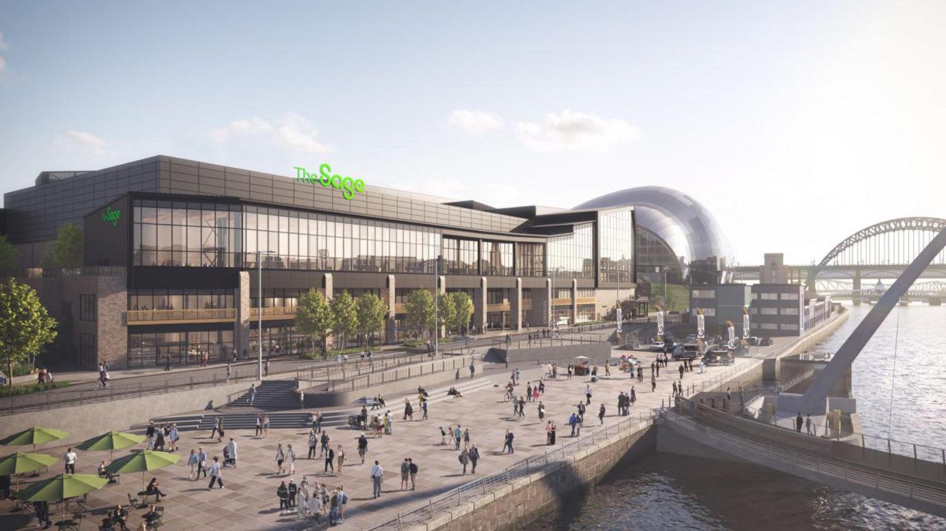 An artist's impression of the new, glass-fronted development. The River Tyne is to the right and the graphic shows people walking along the quayside between the river and the venue.