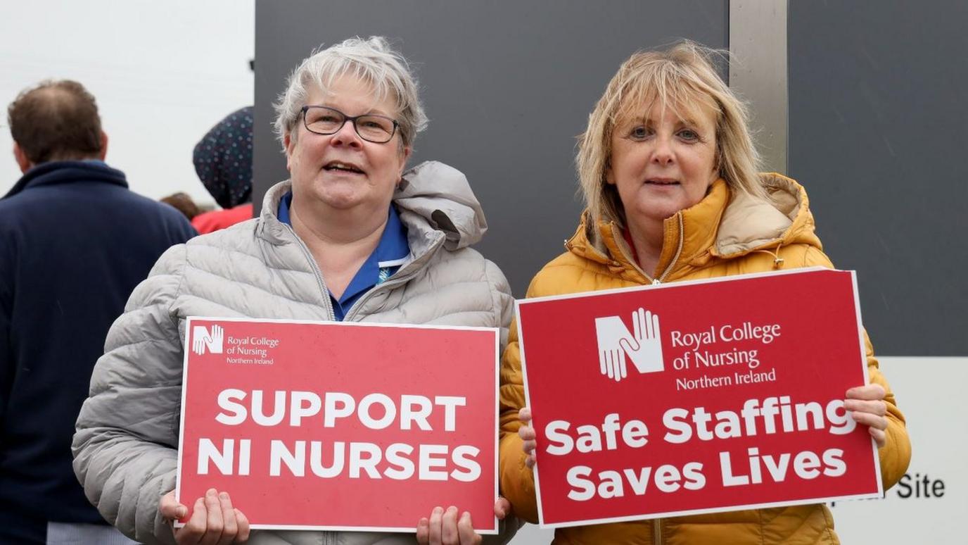 Two nurses on the picket line at the Ulster Hospital