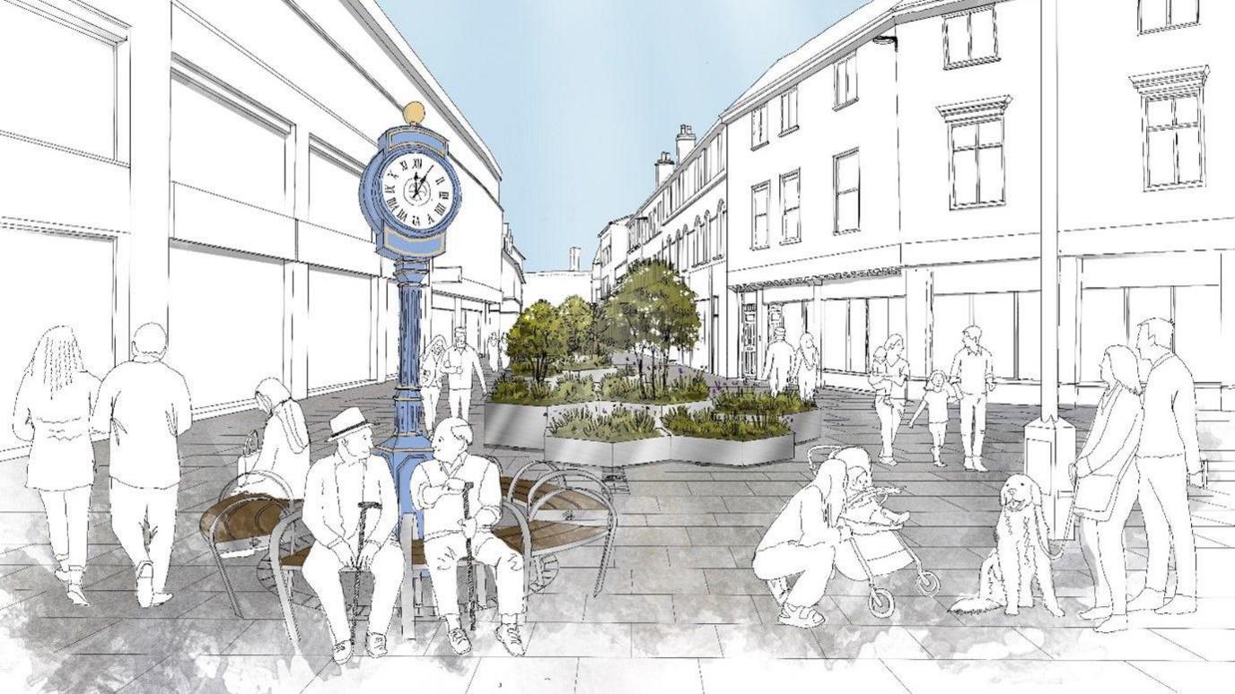 An artist's impression of what the White Hart Street improvements could look like. It is a drawing showing people in a town centre, with a blue clock, seats, greenery, and shops. The drawing is mostly in black and white with some colour for seats, clock and bushes.