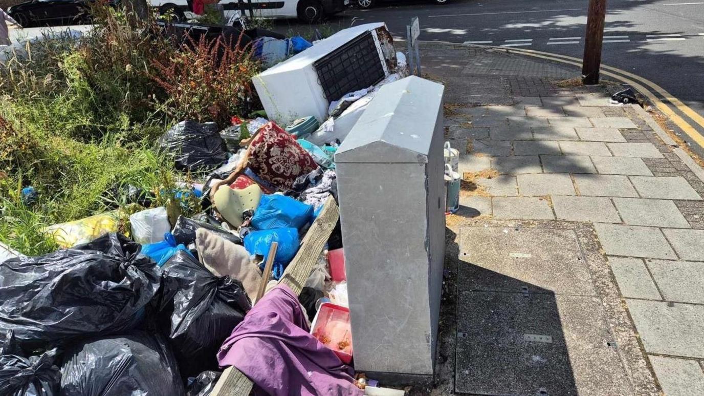 Dumped black bags, wood, carpet and a fridge beside a road. There is also a pink blanket and items in blue plastic bags and long grass. 