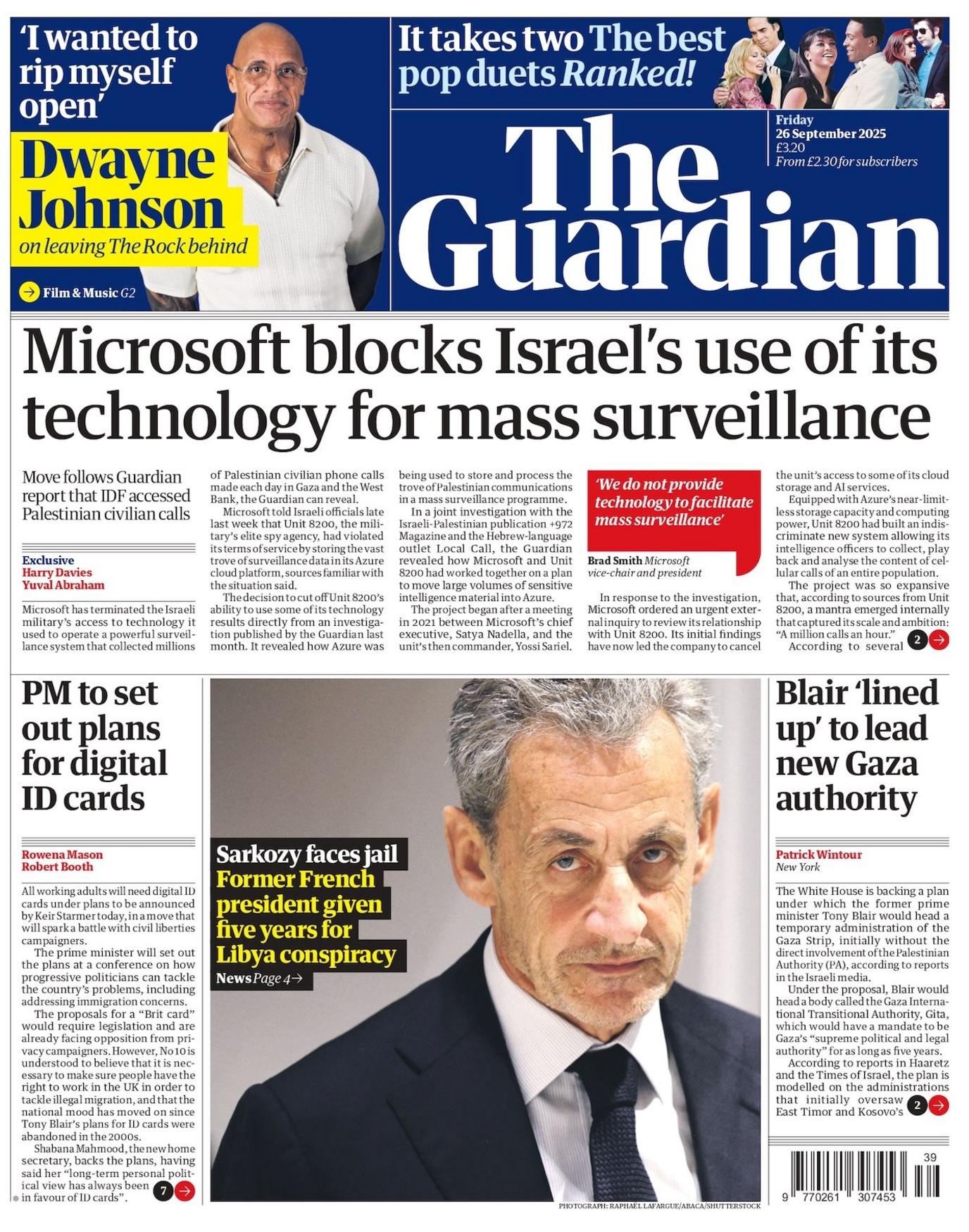 "Microsoft blocks Israel's use of its technology for mass surveillance" reads the headline on the front page of The Guardian.