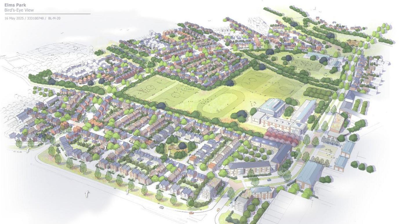 Illustrations of plans of the housing plot for the 4,115 homes, with fields and trees dotted around the houses.