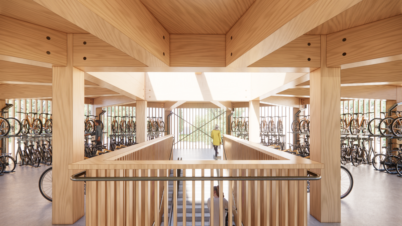 First floor of Oxford North’s new landmark timber cycle pavilion