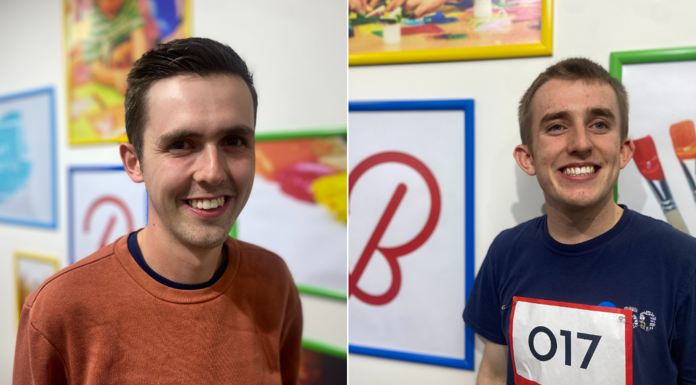 Photos of Stephen and Joe smiling in front of a Butlin's backdrop. Joe has the number "017" pinned to his chest.