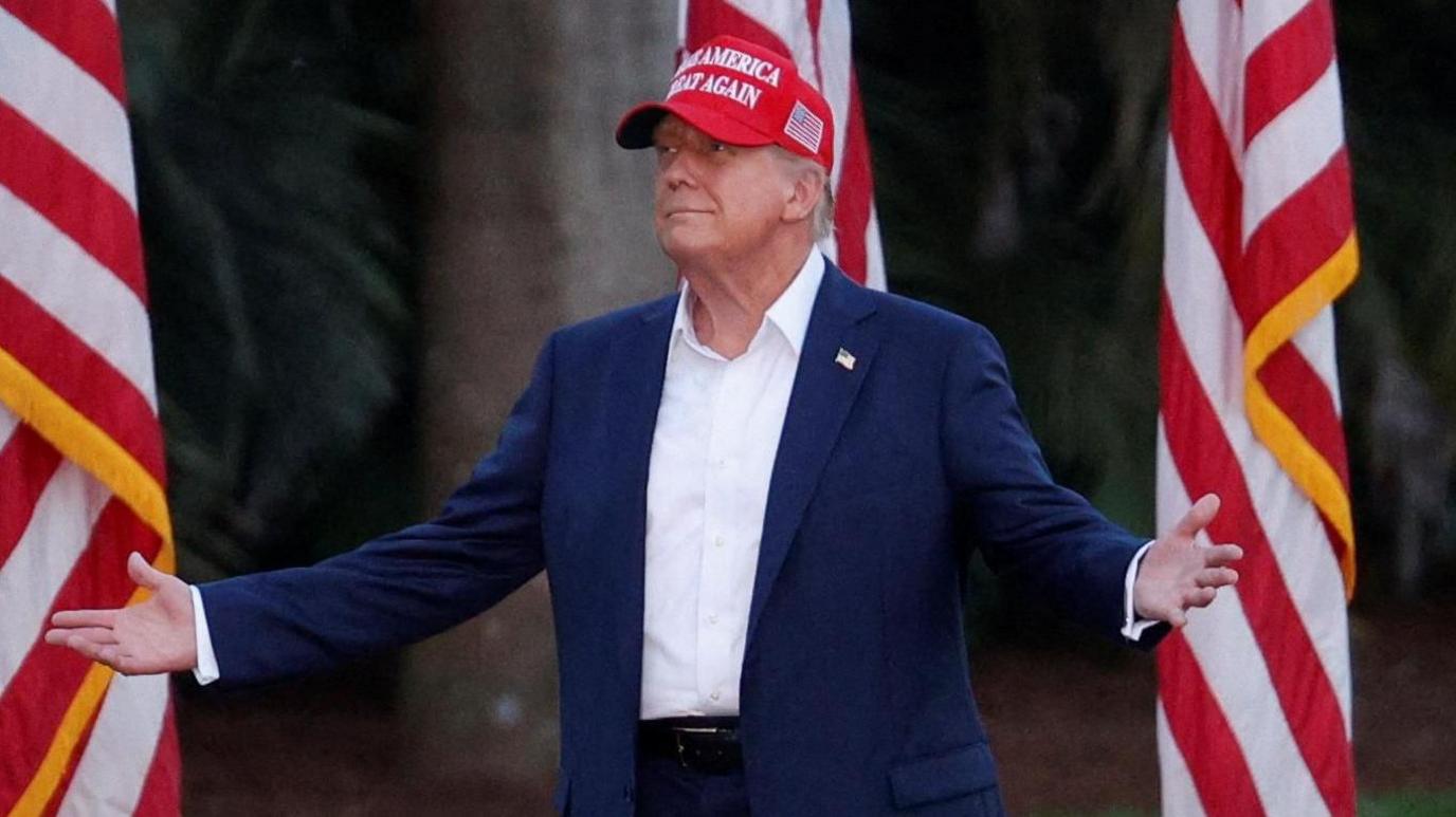 Donald Trump stands in front of two US flags, arms outstretched with a smirk on his face.