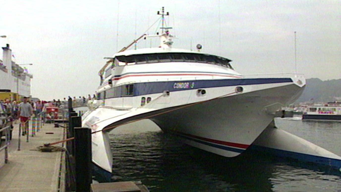 A hydrofoil ferry at a dockside