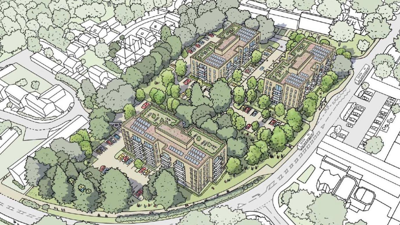 An illustration shows the proposed new layout for the properties. The image shows a lot of greenery, with the buildings surrounded by trees, solar panels can be seen on the top of all three blocks, parking spaces and gardens.