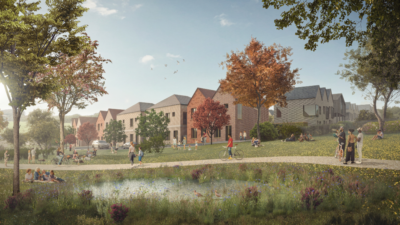 A CGI image of a row of two-storey houses in a conventional style with trees and bushes dotted in the foreground and people enjoying some good weather, walking and lounging around a pond in a bucolic setting of flowers and grasses.