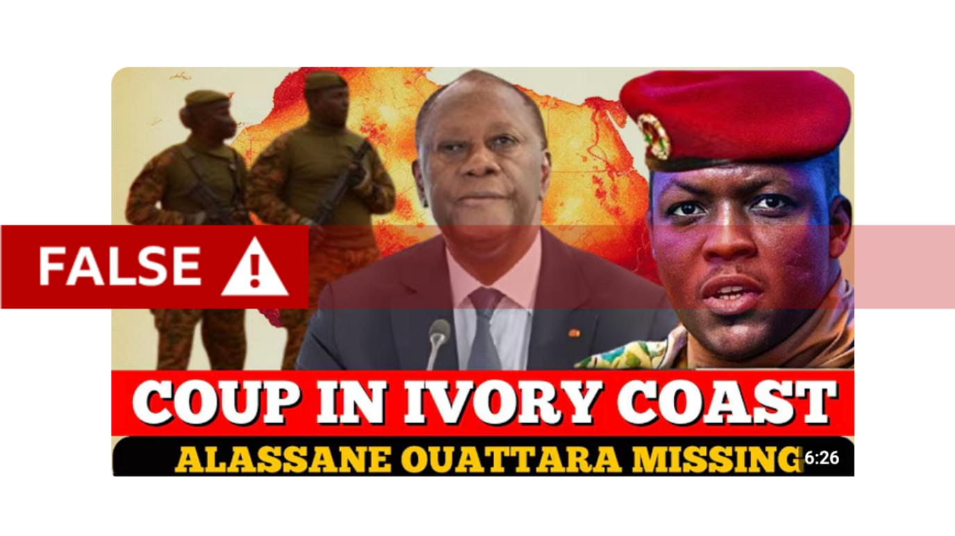 Screenshot of a YouTube video with a red strapline reading 'FALSE!'. Behind it there is a graphic showing the map of Africa with images of two soldiers to the left, a headshot of President Ouattara in a suit in the middle and Ibrahim Traoré in a red military beret to the right. There an aston at the bottom that reads in white caps on a red background: 'Coup in Ivory Coast' and beneath that in yellow caps on a black background' Alassane Ouattara Missing'.