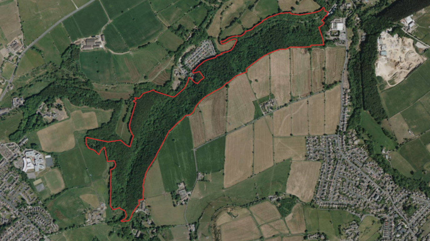 An aerial map showing swathes of woodland and an area outlined in red.