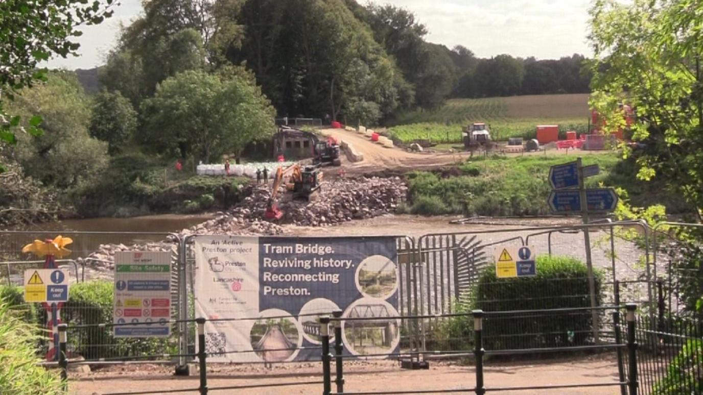 Construction site of the demolition of Preston's old tram bridge where a new bridge is being built over the River Ribble