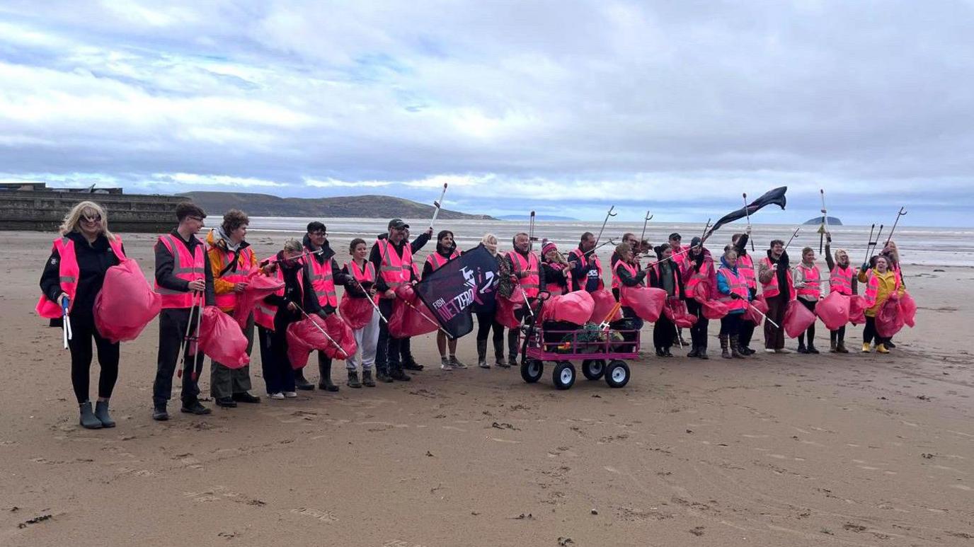 A group of more than 20 people wearing pink high-vis tops over their clothing and holding pink bin bags stand in a line on the beach at Weston-super-Mare. Many of them are waving litter pickers in the air. They are standing on dark brown sand and in the background the coastline to the south of the town is visible.