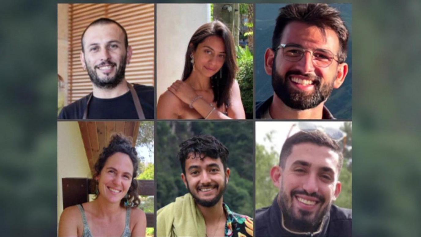 Composite picture of the six hostages (clockwise left to right): Alex Lobanov, Eden Yerushalmi, Almog Sarusi, Master Sgt Ori Danino, Hersh Goldberg-Polin, Carmel Gat