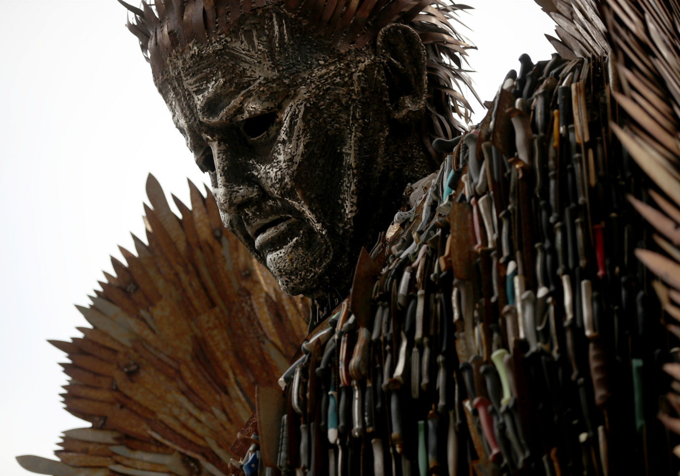 Close up of face of Knife Angel, a 27ft sculpture built using 100,000 knives collected through amnesties and confiscations