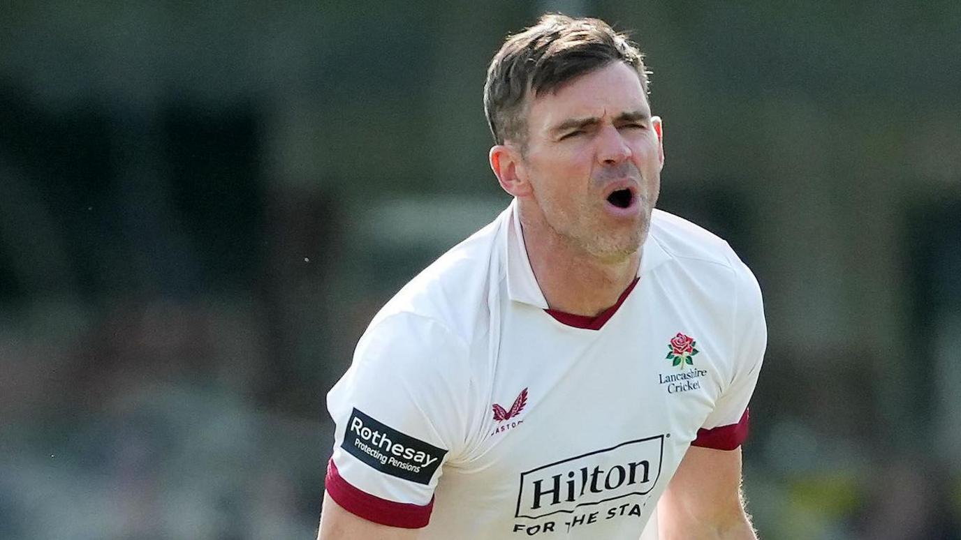 James Anderson after bowling a ball for Lancashire