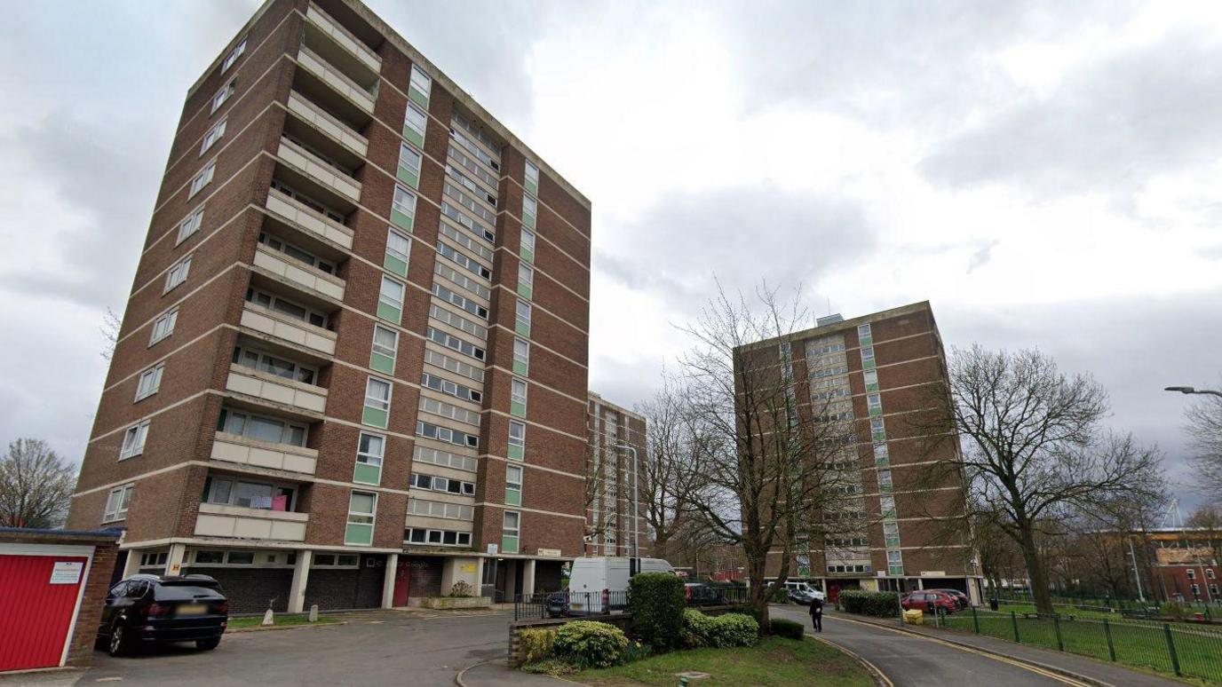 Three of the tower blocks on Boscobel Crescent. They are of brown brick with concrete features consistent with 1960s architecture 