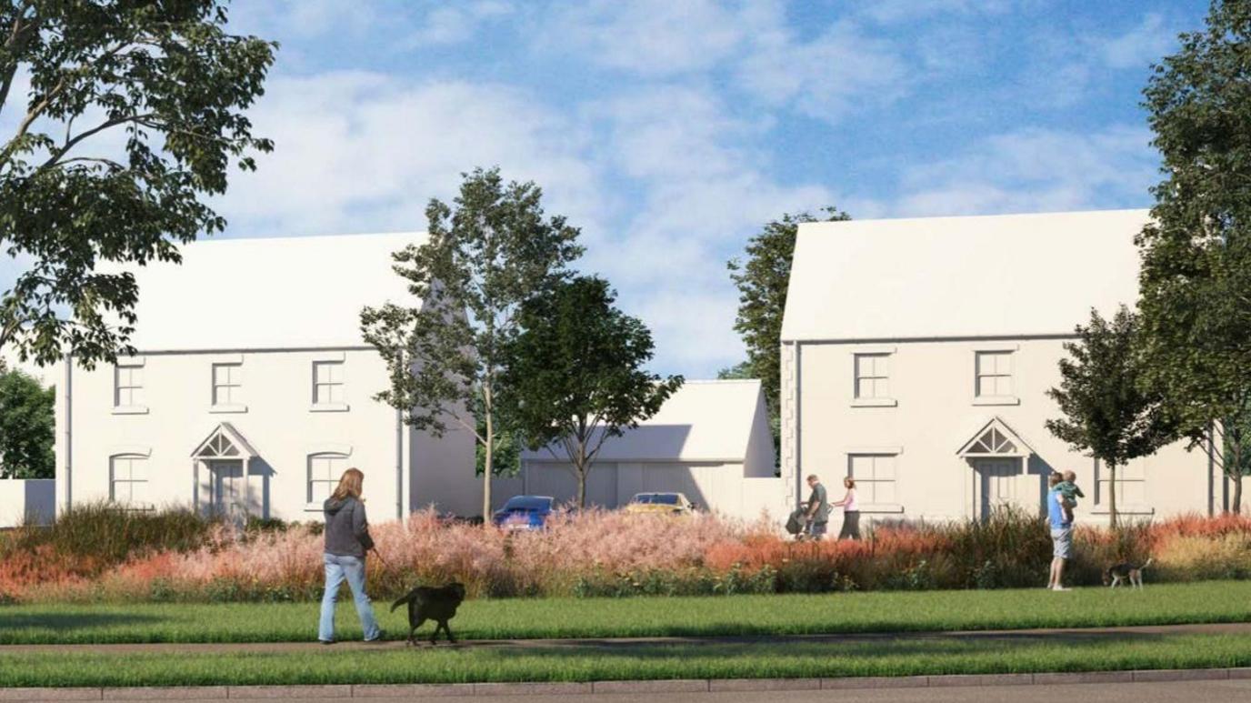 An illustration of a housing development showing two large houses behind green space and a footpath.